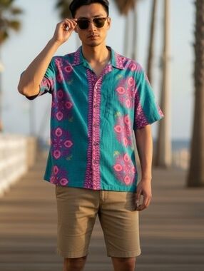 Mamo Howell Honolulu Hawaiian Shirt XL Pink Teal Bold Tiki Aloha Made in Hawaii